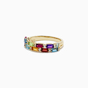 The Mosaic 14K Yellow Gold Multi Gemstone and Diamond Ring, 1.40 TCW, features vibrant red, orange, yellow, green, blue, and purple rectangular stones set in two rows with sparkling diamonds nestled between.