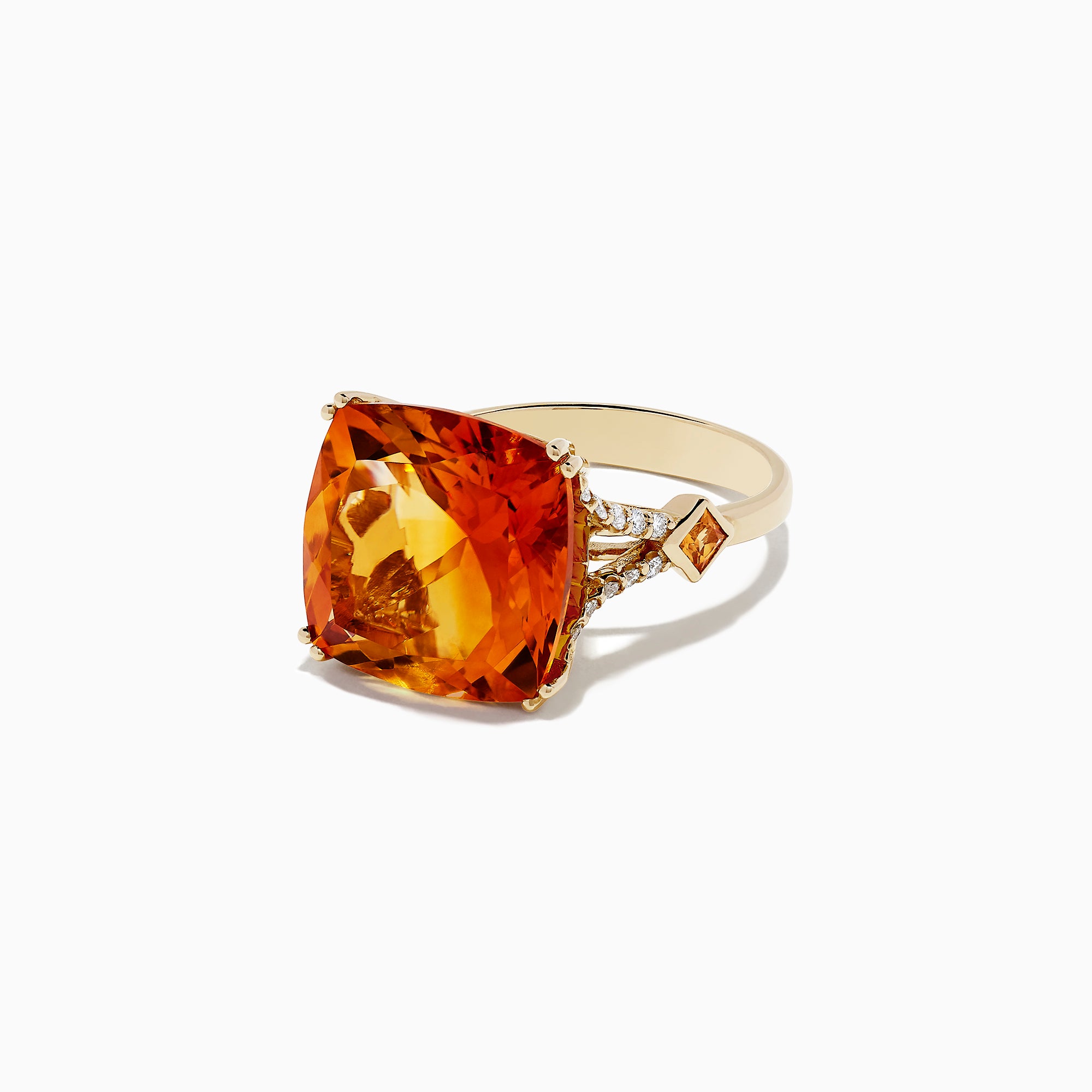 The Sunset 14K Yellow Gold Citrine and Diamond Cocktail Ring, 11.04 TCW, features a striking cushion-cut citrine in a four-prong setting with diamond accents and elegant side details on the band.