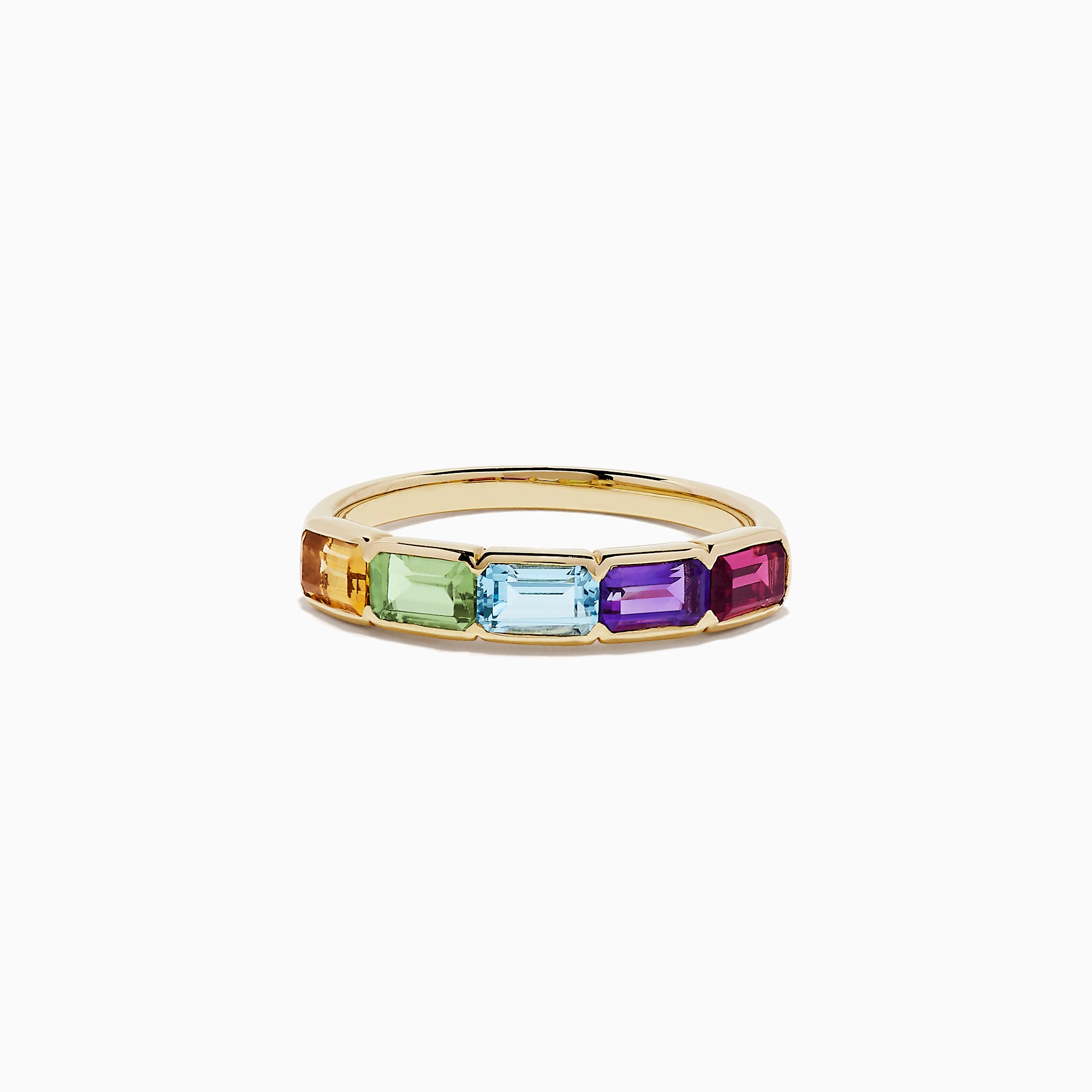 The Mosaic Gold 14K Yellow Gold Multi Gemstone Ring, 1.55 TCW, features five vibrant rectangular gemstones—orange, green, blue, purple, and pink—set in a stunning Effy Mosaic design.