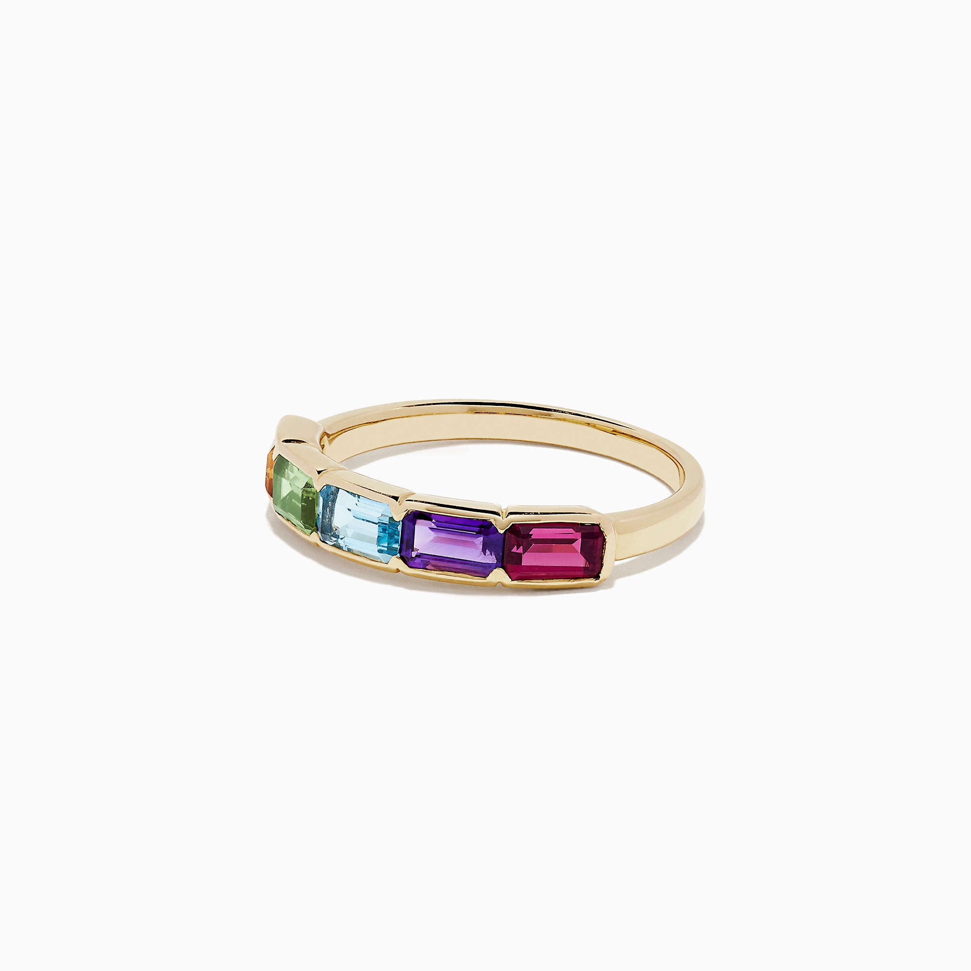 The Mosaic Gold 14K Yellow Gold Multi Gemstone Ring, 1.55 TCW, features five vibrant rectangular gemstones—orange, green, blue, purple, and pink—set in a stunning Effy Mosaic design.