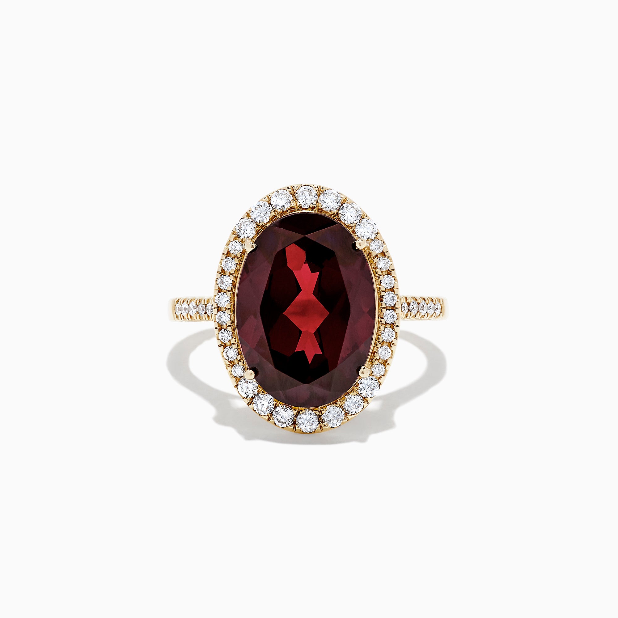 The Bordeaux 14K Yellow Gold Garnet and Diamond Cocktail Ring, 7.78 TCW, features a large oval deep red garnet encircled by a halo of sparkling diamonds, shown against a plain white background.