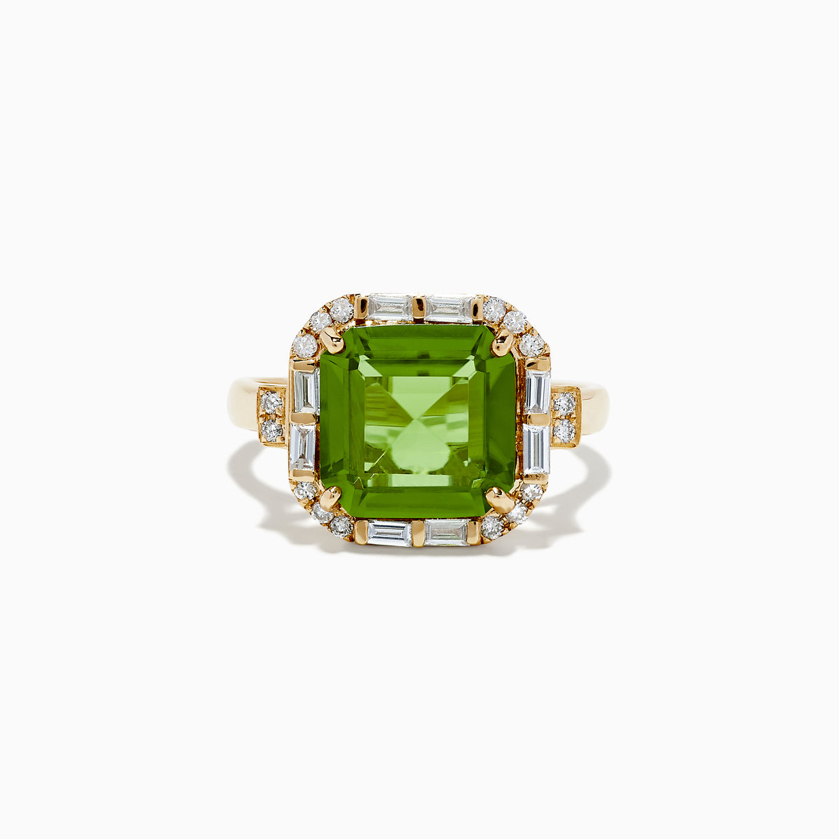 The 14K Yellow Gold Peridot and Diamond Ring showcases a large square-cut peridot center stone, accented by small round and rectangular diamonds, displayed on a plain white background.
