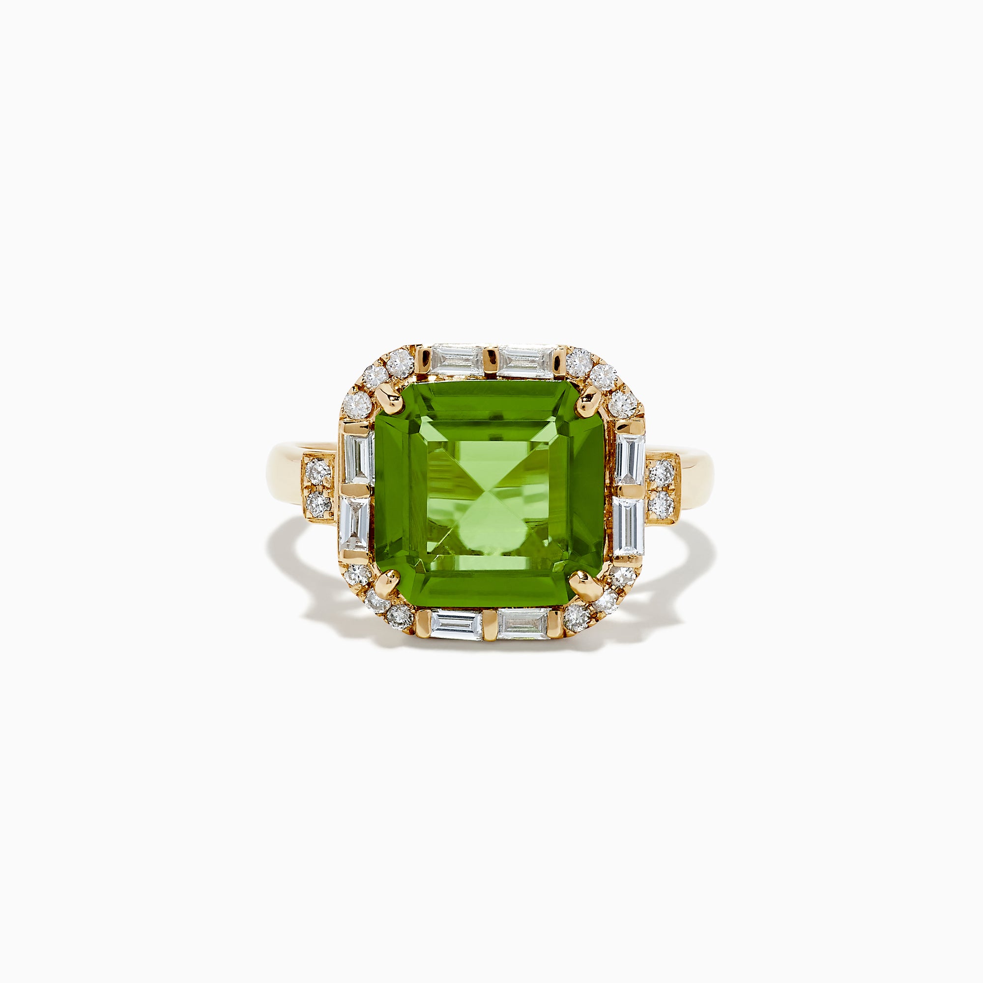 The 14K Yellow Gold Peridot and Diamond Ring showcases a large square-cut peridot center stone, accented by small round and rectangular diamonds, displayed on a plain white background.