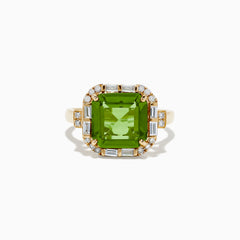 The 14K Yellow Gold Peridot and Diamond Ring showcases a large square-cut peridot center stone, accented by small round and rectangular diamonds, displayed on a plain white background.