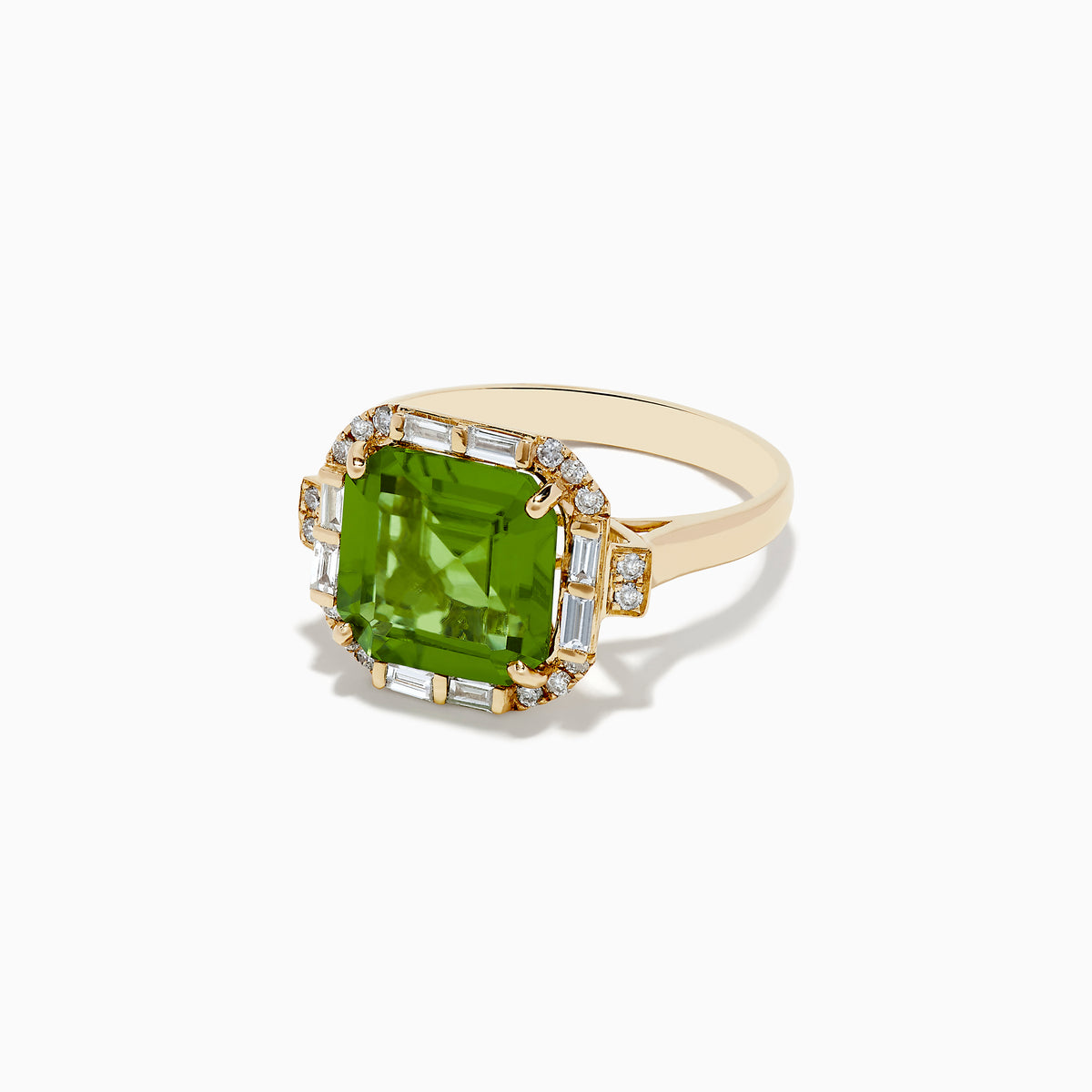 The 14K Yellow Gold Peridot and Diamond Ring showcases a large square-cut peridot center stone, accented by small round and rectangular diamonds, displayed on a plain white background.