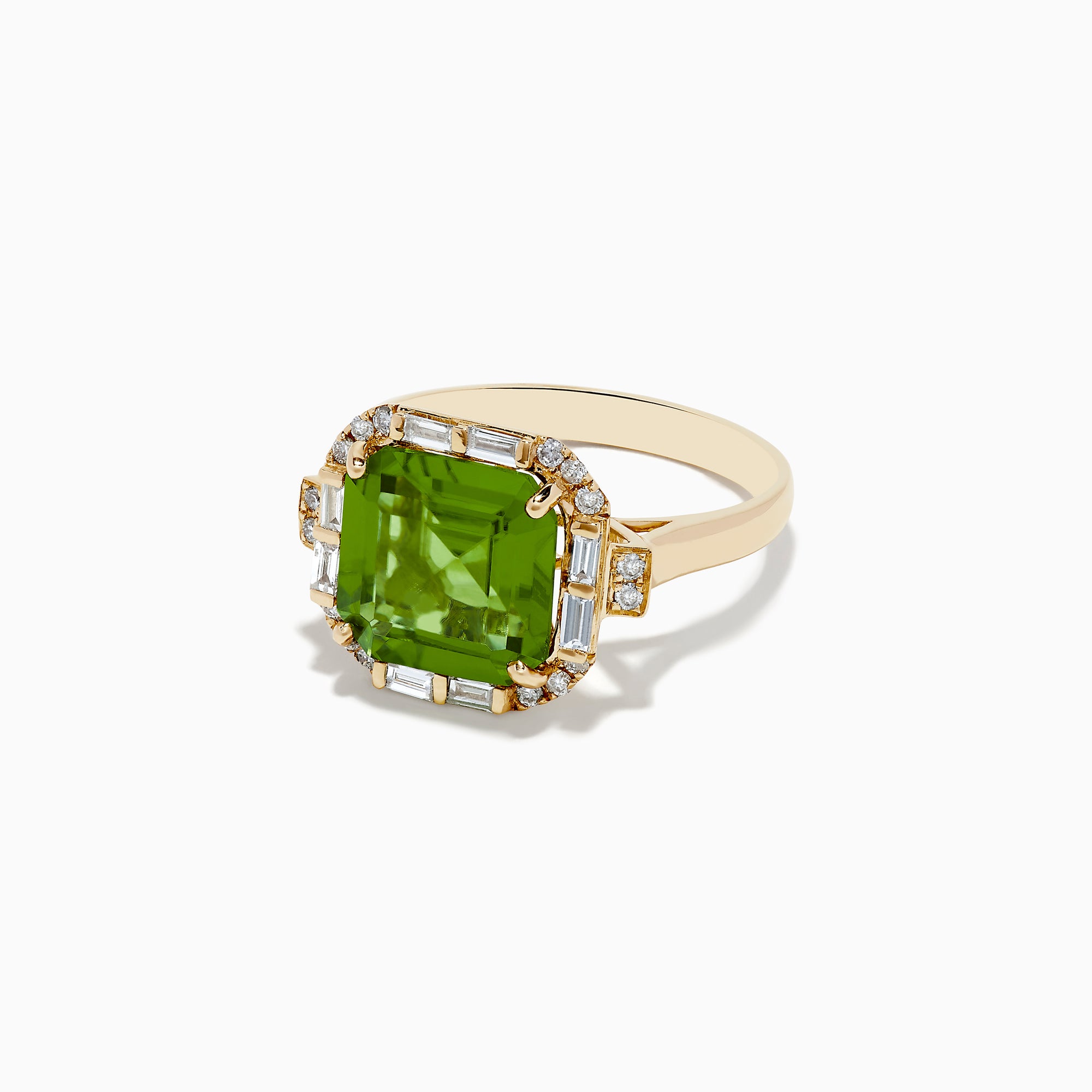 The 14K Yellow Gold Peridot and Diamond Ring showcases a large square-cut peridot center stone, accented by small round and rectangular diamonds, displayed on a plain white background.