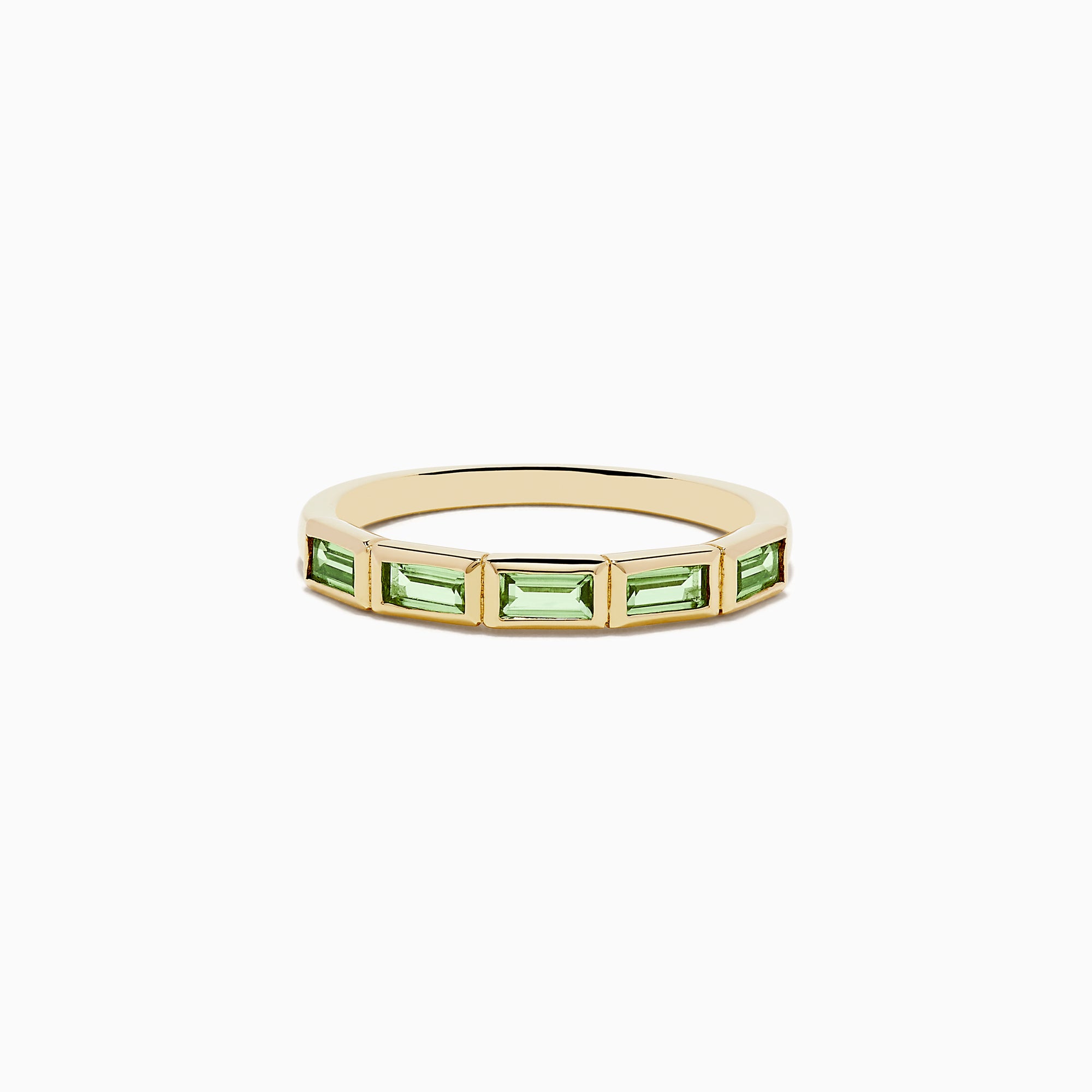 The 14K Yellow Gold Peridot Ring features a row of rectangular green peridot gemstones set around the band.