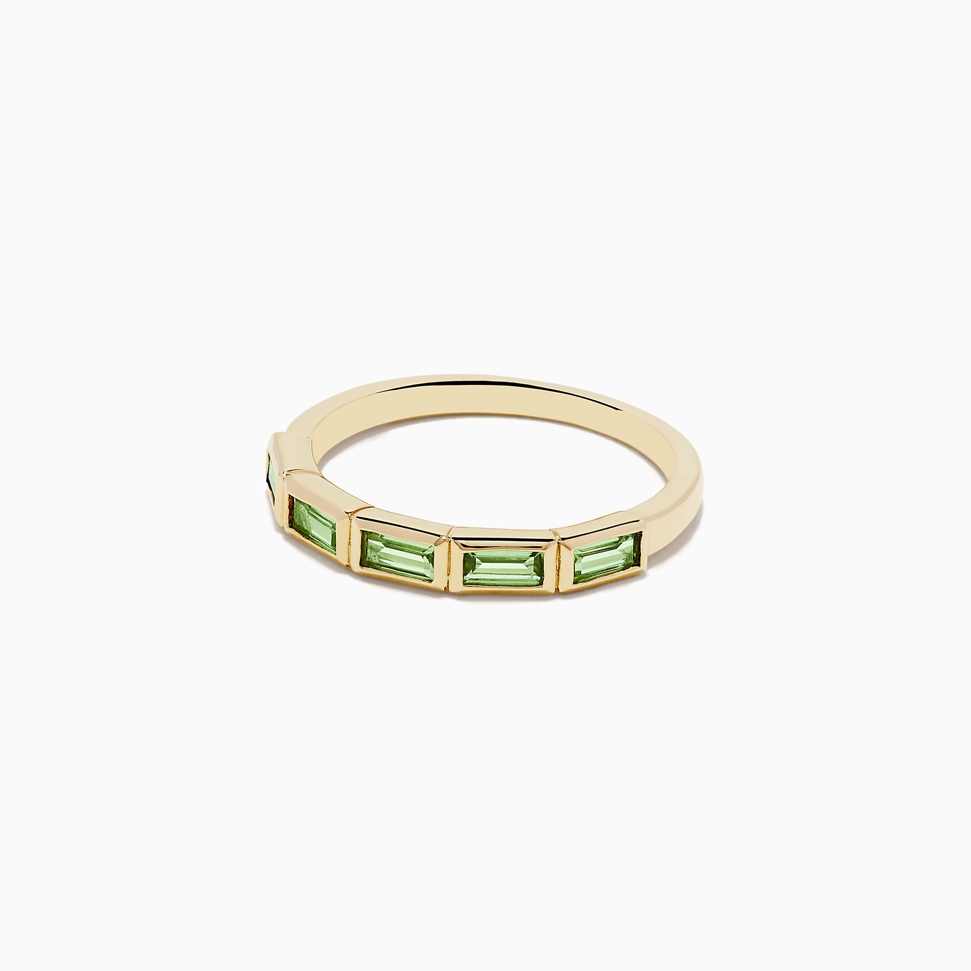 The 14K Yellow Gold Peridot Ring features a row of rectangular green peridot gemstones set around the band.
