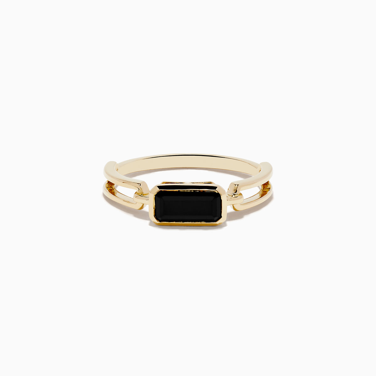 The 14K Yellow Gold Onyx Ring features a rectangular black onyx gemstone in the center, set on a polished yellow gold band with geometric side details.