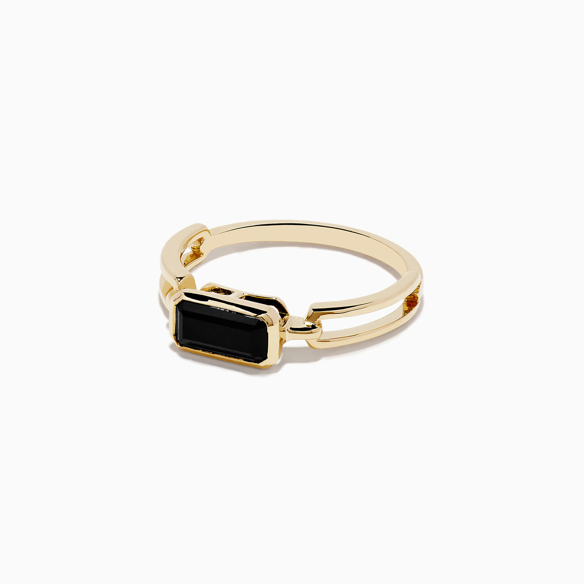 The 14K Yellow Gold Onyx Ring features a rectangular black onyx gemstone in the center, set on a polished yellow gold band with geometric side details.