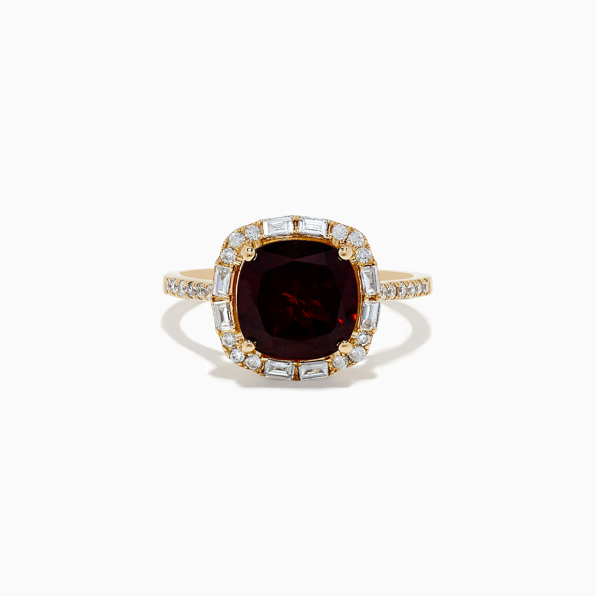 The 14K Yellow Gold Garnet and Diamond Ring features a cushion-cut deep red garnet center, surrounded by a halo of baguette and round white diamonds, with more diamonds set along the band.