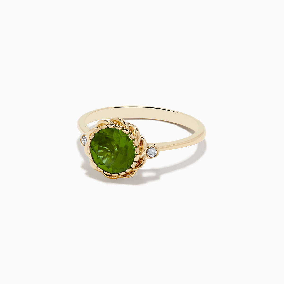 The 14K Yellow Gold Peridot and Diamond Ring showcases a round Peridot center stone with two small diamonds on each side, displayed against a white background.