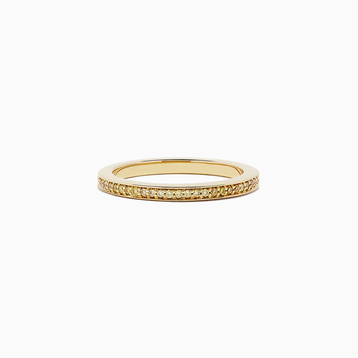 An 18K yellow gold half eternity band ring, featuring 0.13 TCW of sparkling yellow diamonds, is displayed against a plain white background.