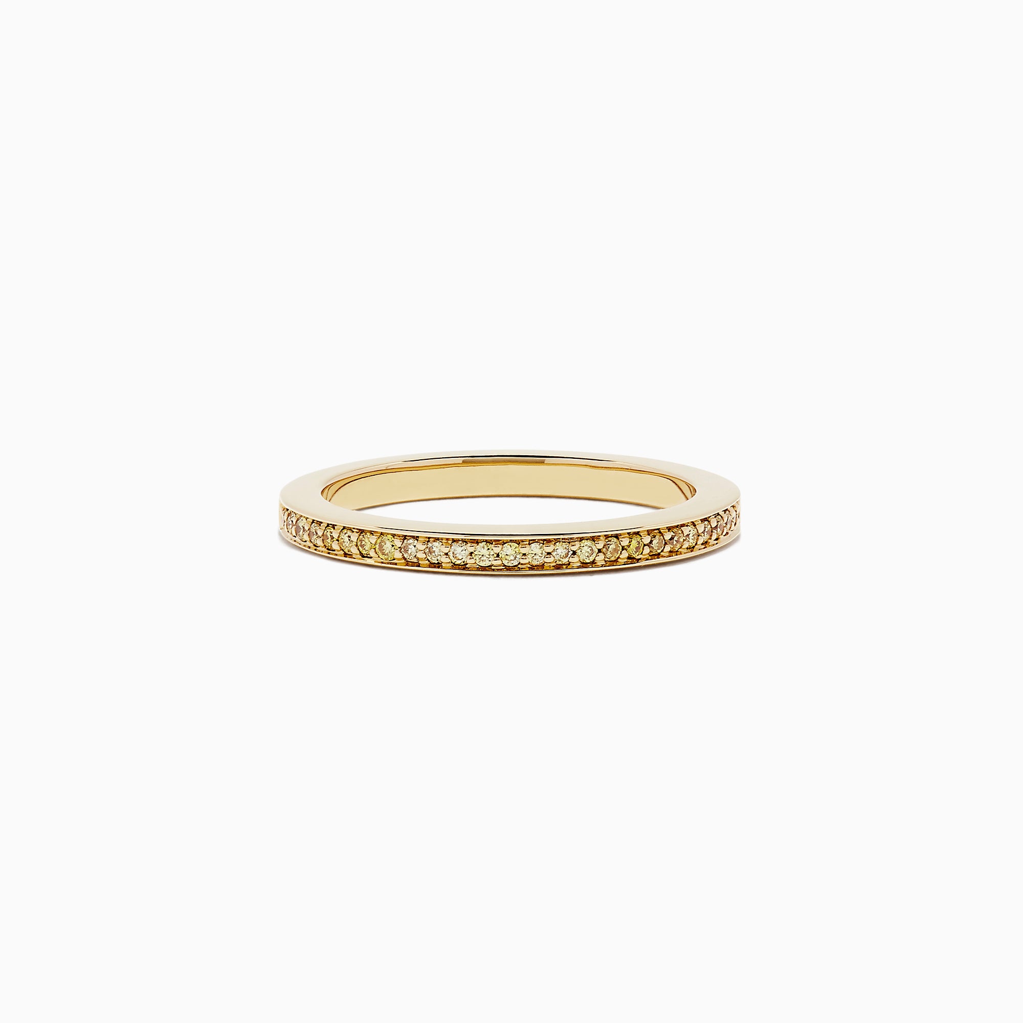 An 18K yellow gold half eternity band ring, featuring 0.13 TCW of sparkling yellow diamonds, is displayed against a plain white background.