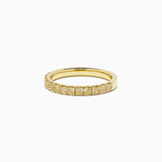 An 18K yellow gold band set with round brilliant yellow diamonds totaling 0.77 carats, displayed against a plain white background.