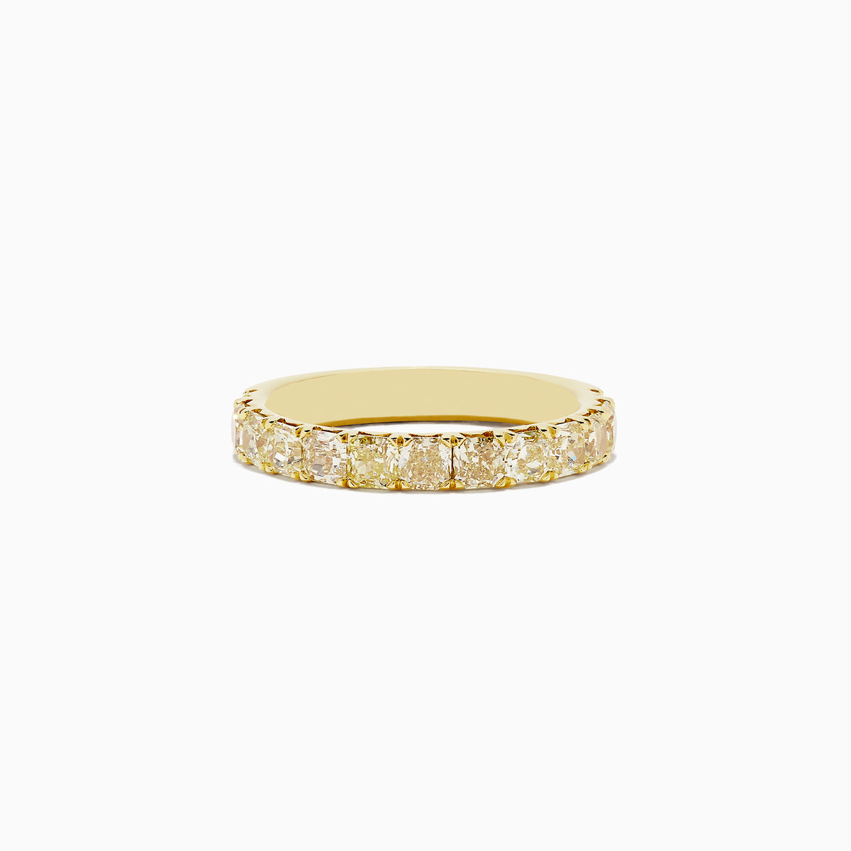 An 18K yellow gold band ring featuring a continuous row of cushion cut yellow diamonds (1.83 TCW), photographed on a plain white background.