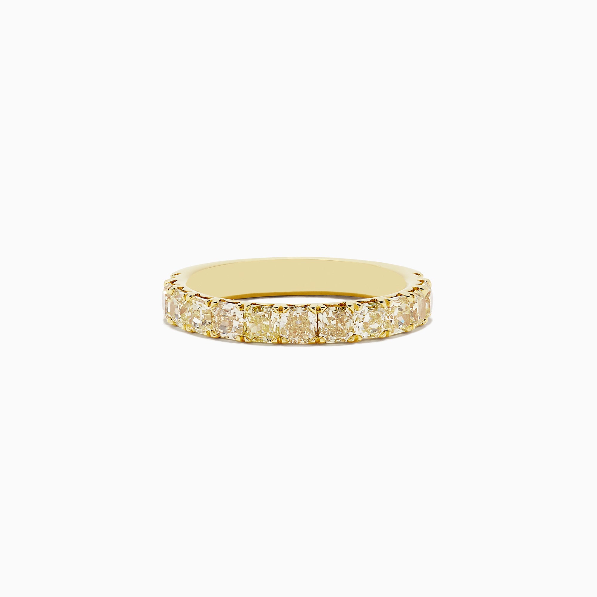 An 18K yellow gold band ring featuring a continuous row of cushion cut yellow diamonds (1.83 TCW), photographed on a plain white background.