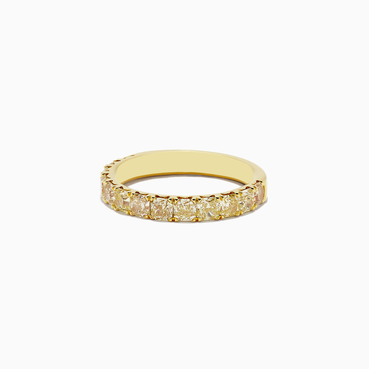 An 18K yellow gold band ring featuring a continuous row of cushion cut yellow diamonds (1.83 TCW), photographed on a plain white background.