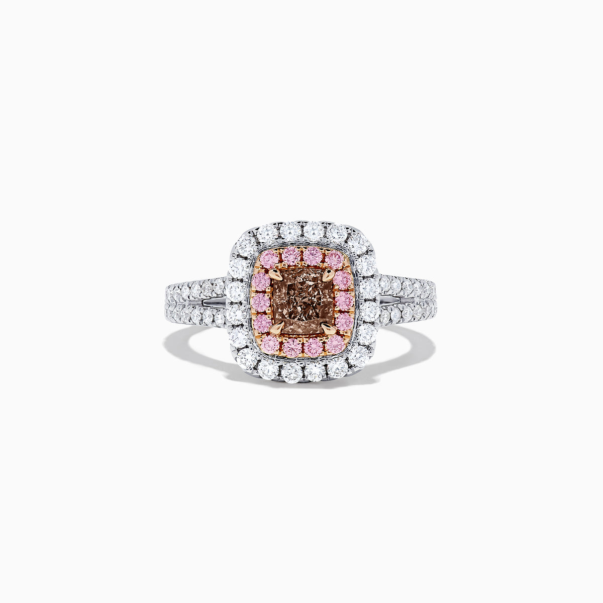 The 18K Gold White, Pink and GIA Certified Pinkish-Brown Diamond Ring features a stunning 1.44 TCW square pinkish-brown diamond with pink and white diamond halos, showcasing quality and brilliance.