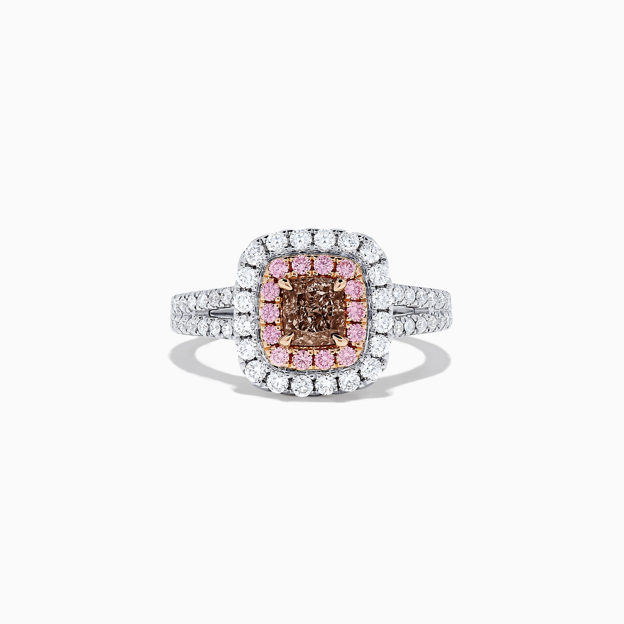 The 18K Gold White, Pink and GIA Certified Pinkish-Brown Diamond Ring features a stunning 1.44 TCW square pinkish-brown diamond with pink and white diamond halos, showcasing quality and brilliance.