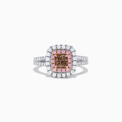 The 18K Gold White, Pink and GIA Certified Pinkish-Brown Diamond Ring features a stunning 1.44 TCW square pinkish-brown diamond with pink and white diamond halos, showcasing quality and brilliance.