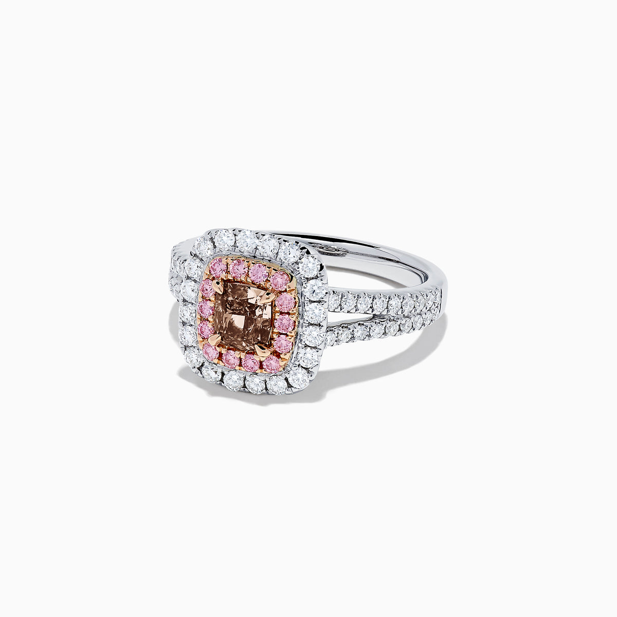 The 18K Gold White, Pink and GIA Certified Pinkish-Brown Diamond Ring features a stunning 1.44 TCW square pinkish-brown diamond with pink and white diamond halos, showcasing quality and brilliance.
