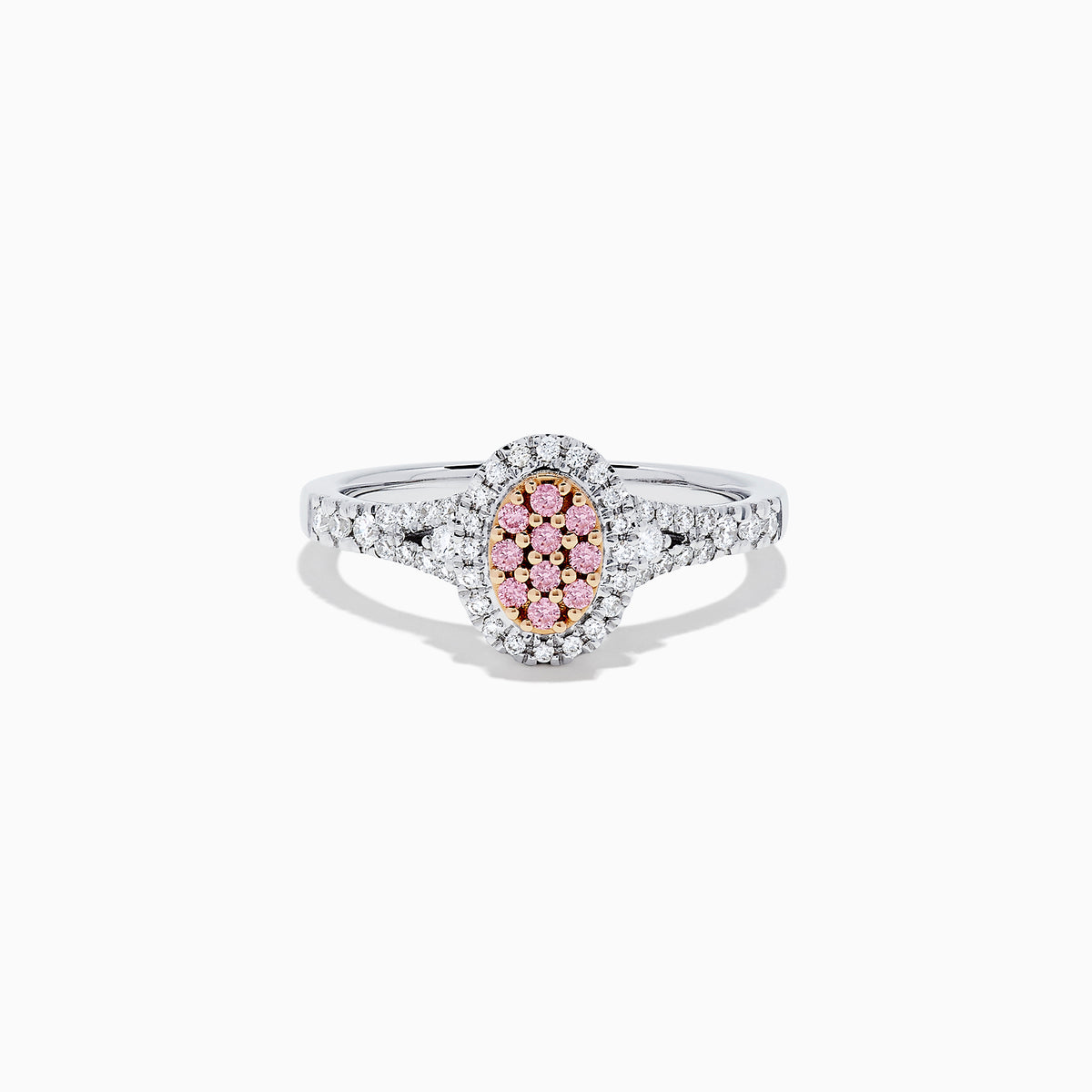 The 18K Two Tone Gold Pink and White Diamond Ring, 0.37 TCW, features an oval pink diamond cluster center, surrounded by white diamonds and accented with additional white diamonds along the band.