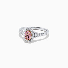 The 18K Two Tone Gold Pink and White Diamond Ring, 0.36 TCW, features a cluster of pink stones in an oval setting with a halo of white diamonds and additional diamonds on the band.