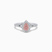The 18K Two Tone Gold Pink and White Diamond Ring, 0.35 TCW, showcases a teardrop-shaped cluster of pink and white diamonds, bordered by clear stones and accented with diamonds along the band.