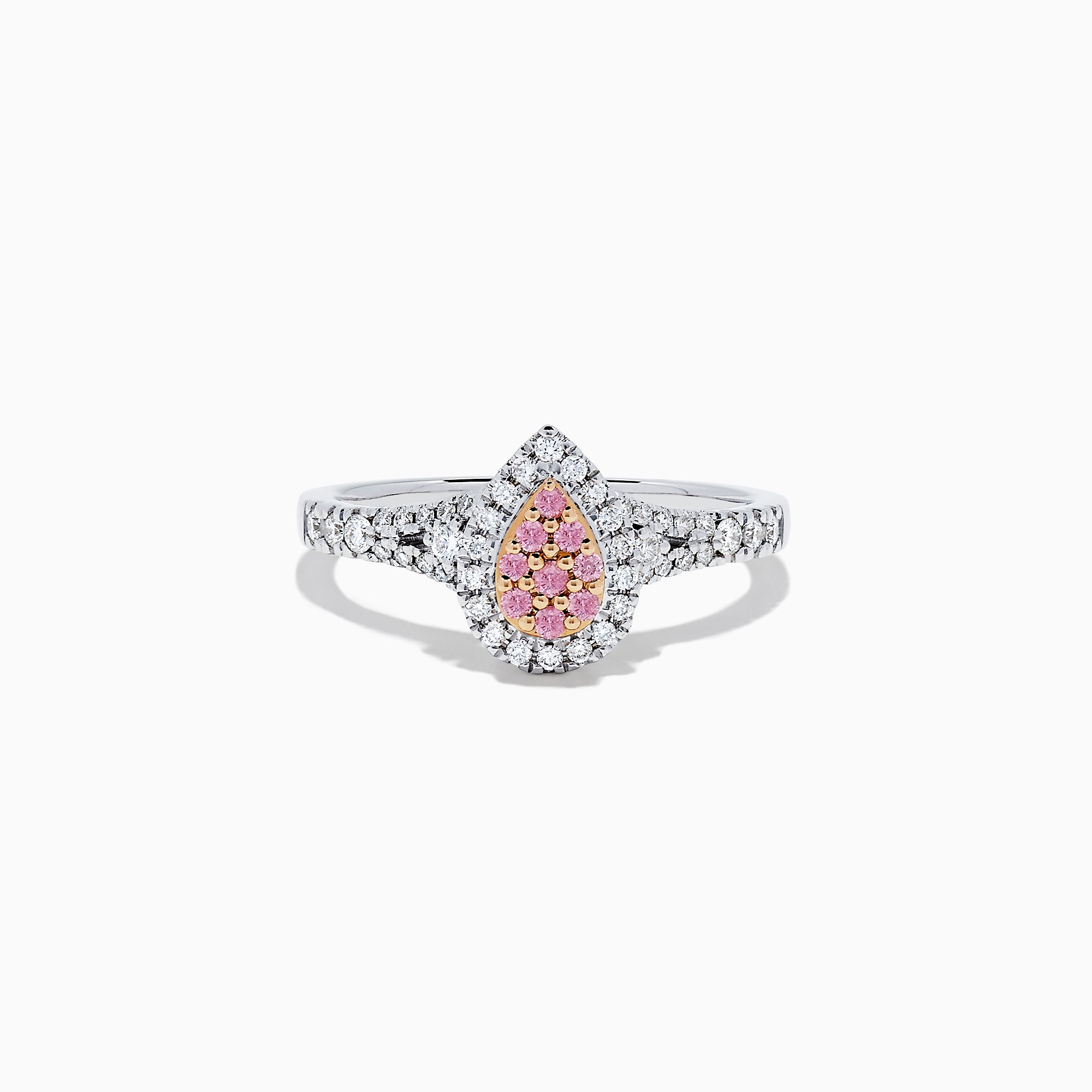 The 18K Two Tone Gold Pink and White Diamond Ring, 0.35 TCW, showcases a teardrop-shaped cluster of pink and white diamonds, bordered by clear stones and accented with diamonds along the band.
