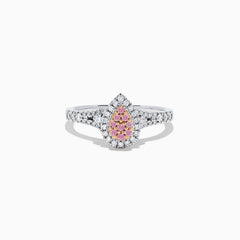 The 18K Two Tone Gold Pink and White Diamond Ring, 0.35 TCW, showcases a teardrop-shaped cluster of pink and white diamonds, bordered by clear stones and accented with diamonds along the band.