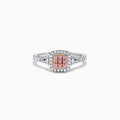 The 18K Two Tone Gold Pink and White Diamond Ring features a square cluster of pink diamonds at the center, bordered by white diamonds with additional diamonds set along the band; total carat weight is 0.37 TCW.