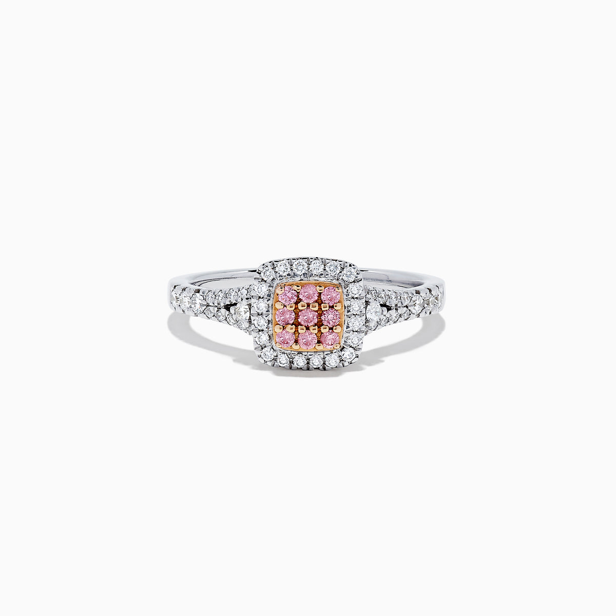 The 18K Two Tone Gold Pink and White Diamond Ring features a square cluster of pink diamonds at the center, bordered by white diamonds with additional diamonds set along the band; total carat weight is 0.37 TCW.