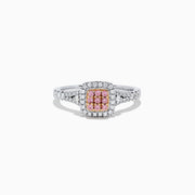 The 18K Two Tone Gold Pink and White Diamond Ring features a square cluster of pink diamonds at the center, bordered by white diamonds with additional diamonds set along the band; total carat weight is 0.37 TCW.