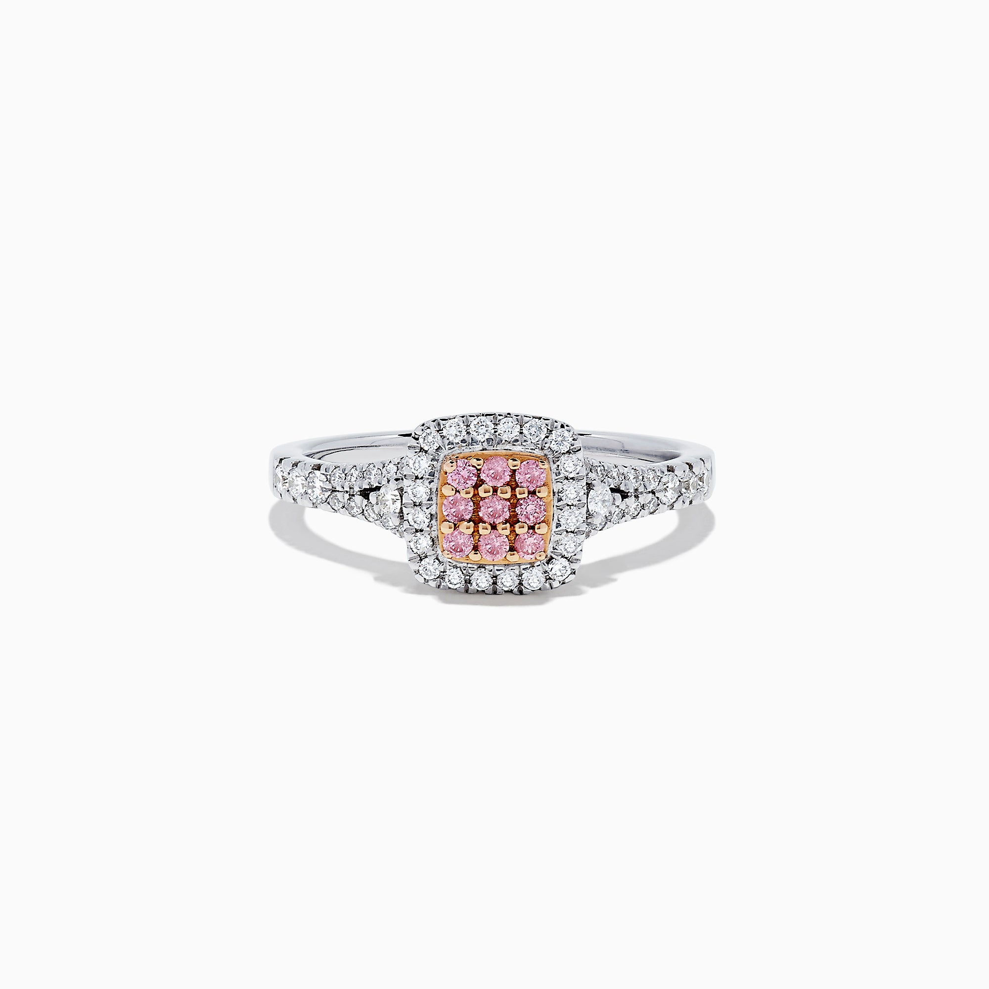 The 18K Two Tone Gold Pink and White Diamond Ring features a square cluster of pink diamonds at the center, bordered by white diamonds with additional diamonds set along the band; total carat weight is 0.37 TCW.