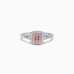 The 18K Two Tone Gold Pink and White Diamond Ring features a square cluster of pink diamonds at the center, bordered by white diamonds with additional diamonds set along the band; total carat weight is 0.37 TCW.
