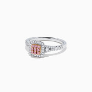 The 18K Two Tone Gold Pink and White Diamond Ring features a square cluster of pink diamonds at the center, bordered by white diamonds with additional diamonds set along the band; total carat weight is 0.37 TCW.