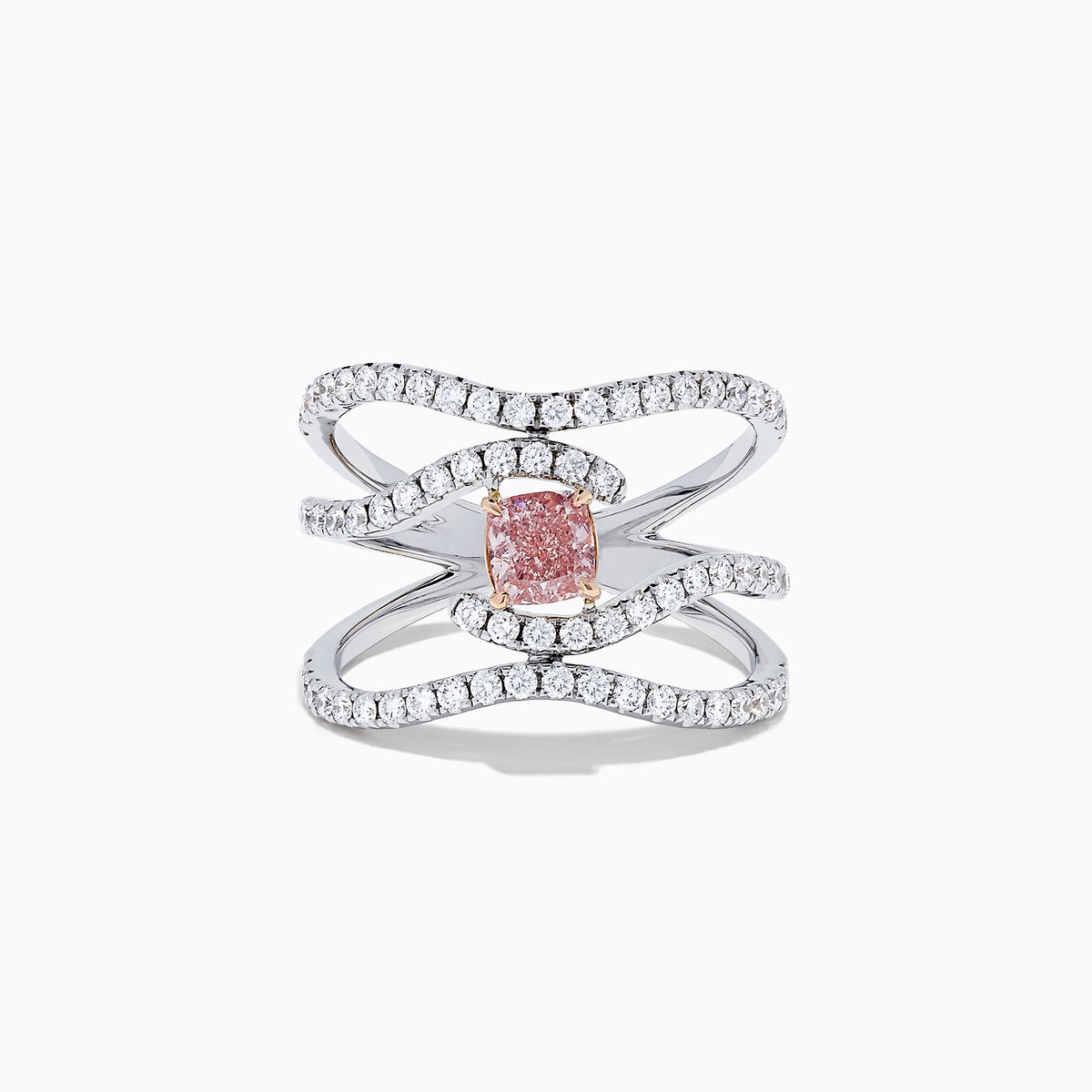 A GIA Certified 18K white gold ring with three wavy diamond-studded bands and a rectangular pinkish-brown diamond centerpiece, 1.29 TCW.