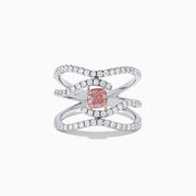A GIA Certified 18K white gold ring with three wavy diamond-studded bands and a rectangular pinkish-brown diamond centerpiece, 1.29 TCW.