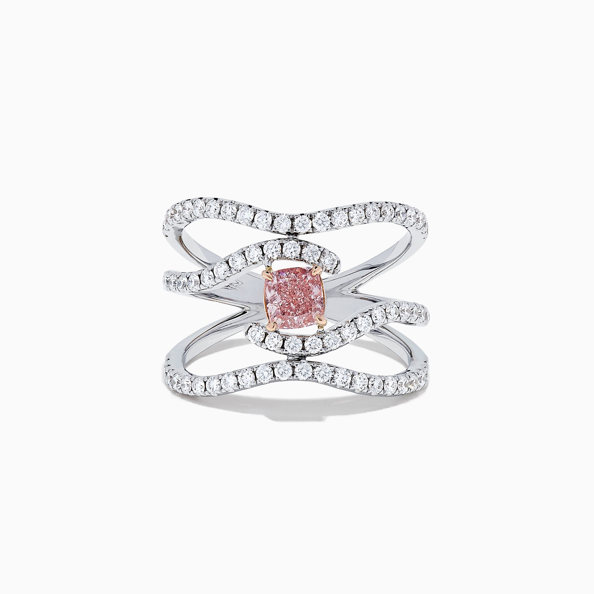 A GIA Certified 18K white gold ring with three wavy diamond-studded bands and a rectangular pinkish-brown diamond centerpiece, 1.29 TCW.