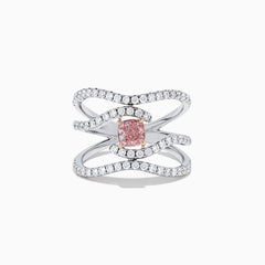A GIA Certified 18K white gold ring with three wavy diamond-studded bands and a rectangular pinkish-brown diamond centerpiece, 1.29 TCW.