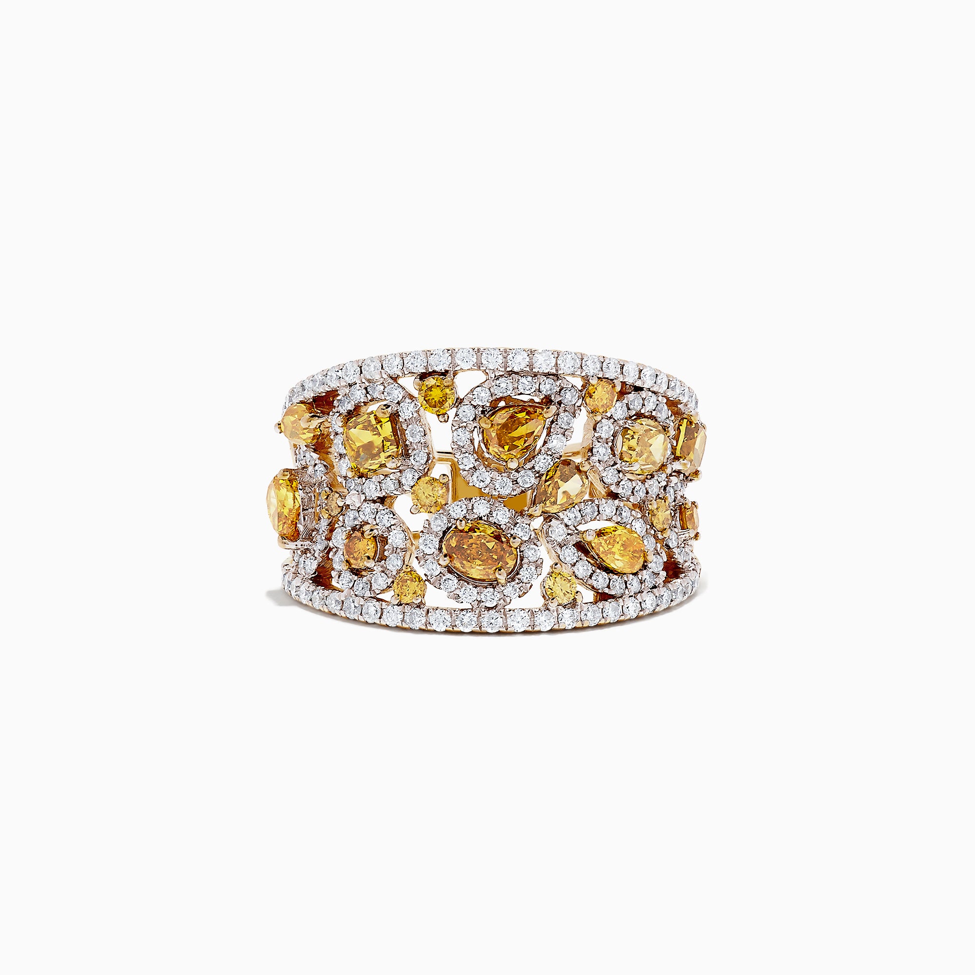 A 14K yellow gold ring with yellow and white diamonds, totaling 2.50 TCW, showcases irregular yellow stones and small white diamonds in an openwork design, displayed against a white background.