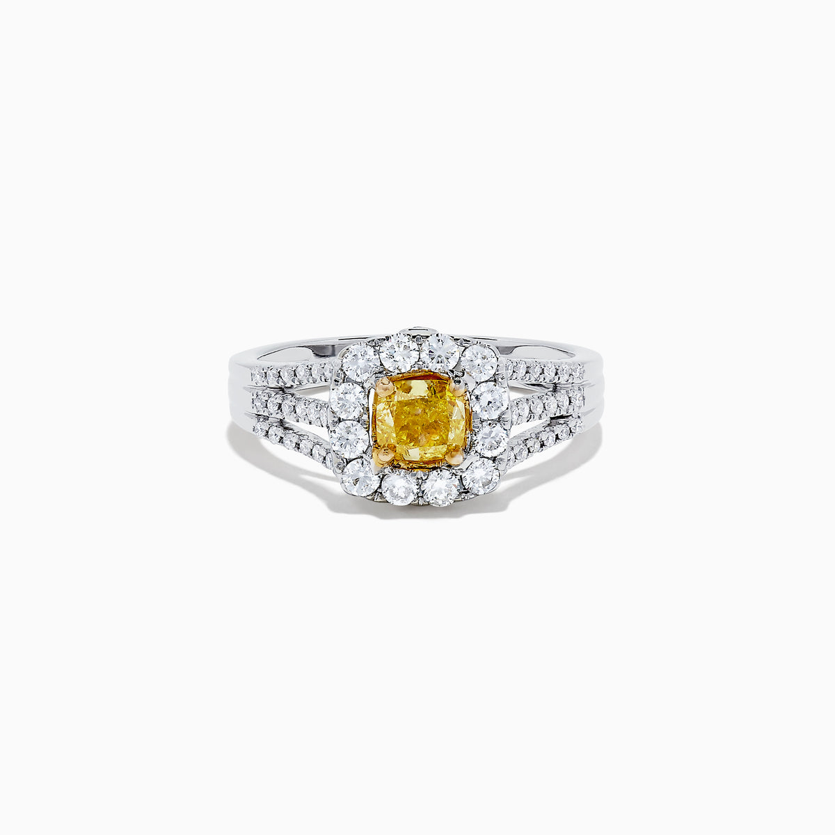 The 14K Two Tone Gold Yellow and White Diamond Ring features a cushion-cut yellow center stone, white diamond halo, split shank band, and a total weight of 1.22 TCW.
