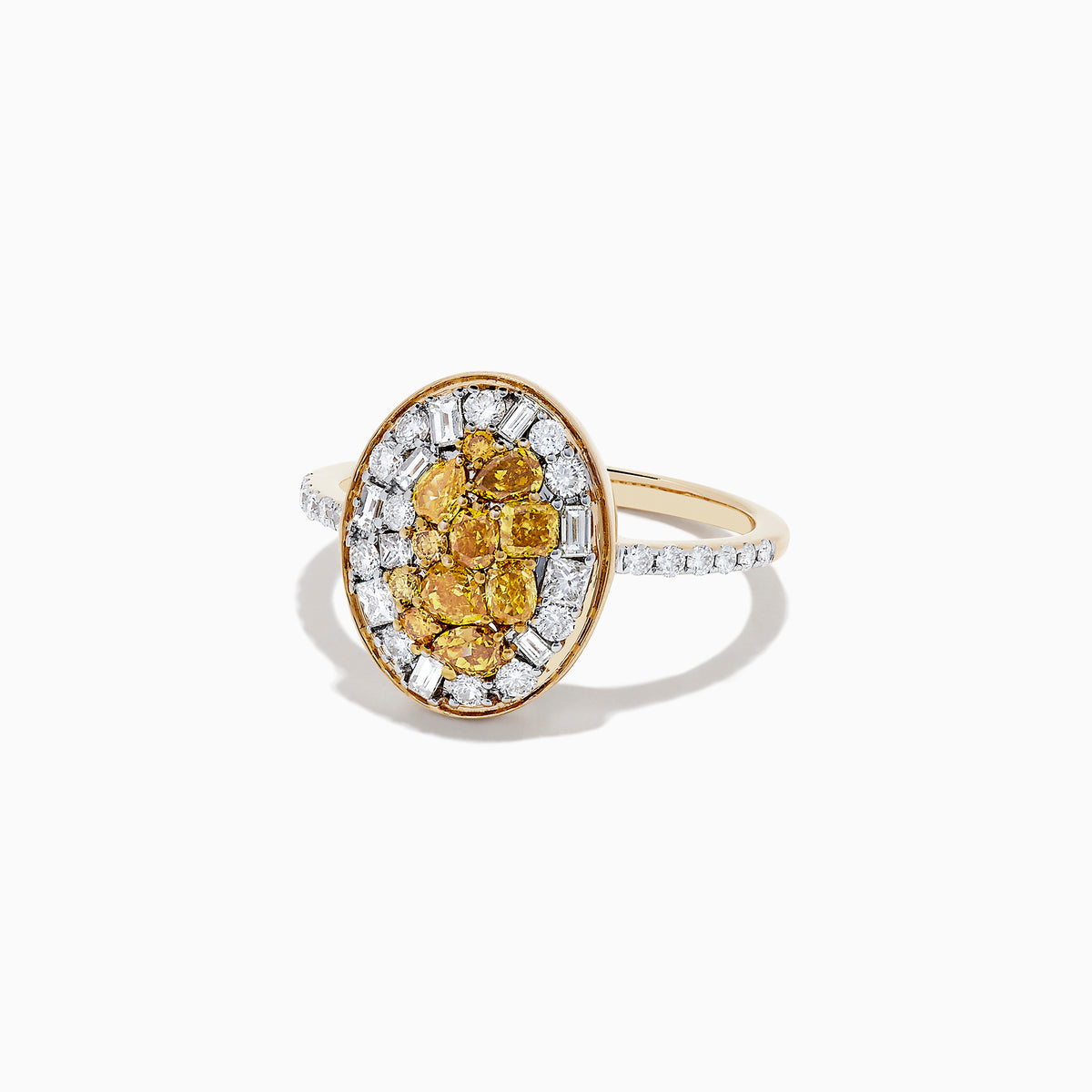 The 14K Yellow Gold Yellow and White Diamond Ring, 1.15 TCW, features an oval design with a cluster of yellow gemstones at the center, surrounded by white diamonds and baguette-cut stones, plus small clear stones on each side of the band.
