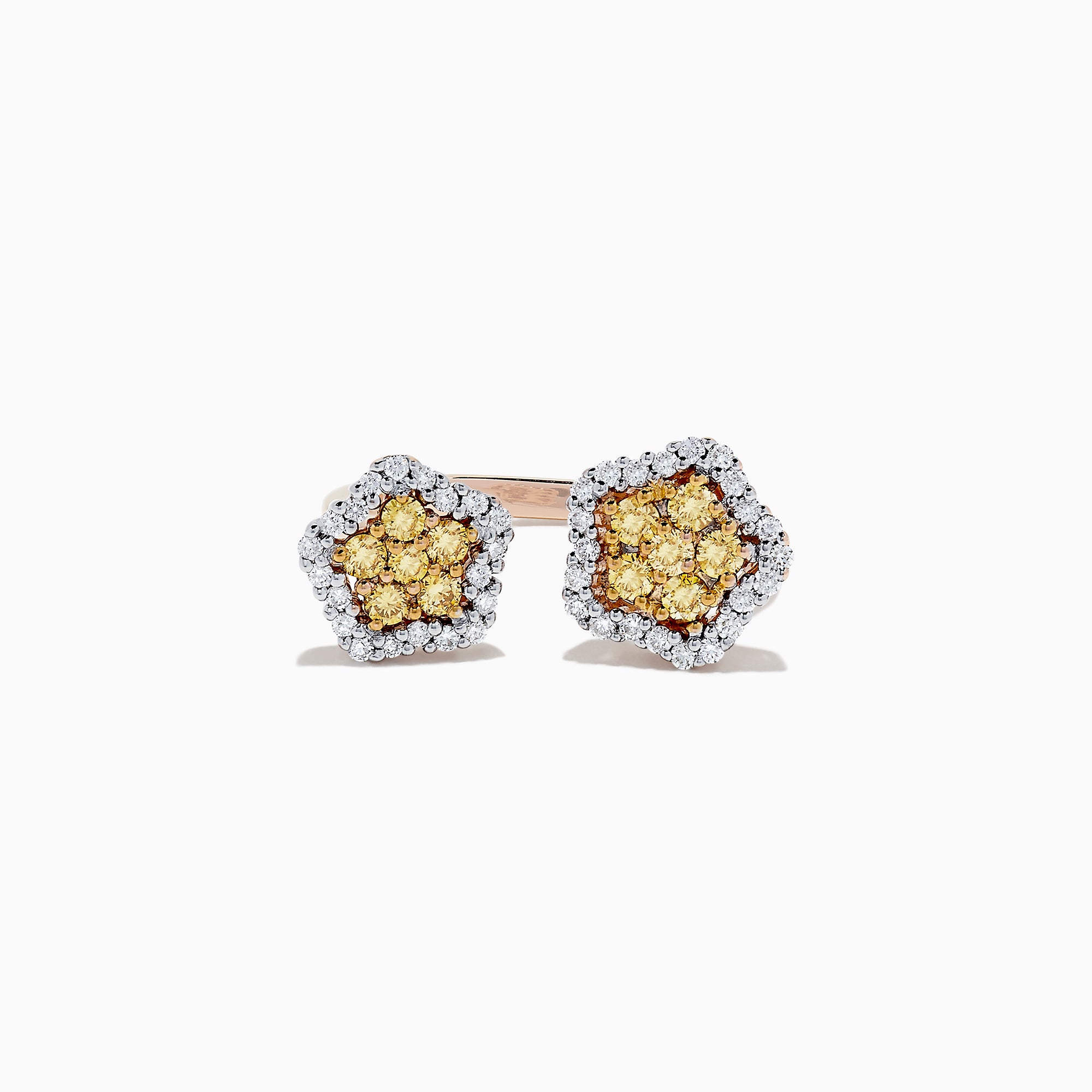 A 14K rose gold star ring featuring yellow and white diamonds, totaling 0.75 carats, with a sparkling halo design.