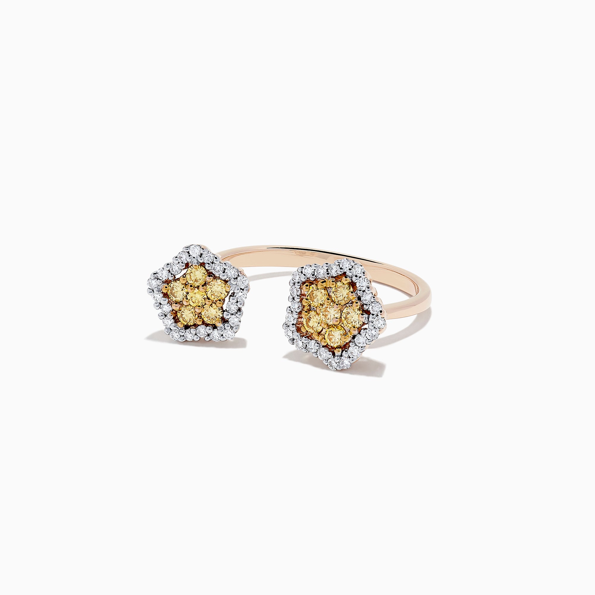 A 14K rose gold star ring featuring yellow and white diamonds, totaling 0.75 carats, with a sparkling halo design.