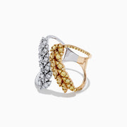 The 14K Two Tone Gold Yellow Diamond and White Diamond Ring, 1.00 TCW, features two intertwined leaf designs—one in white gold with white diamonds, the other in yellow gold with yellow diamonds—on a white backdrop.
