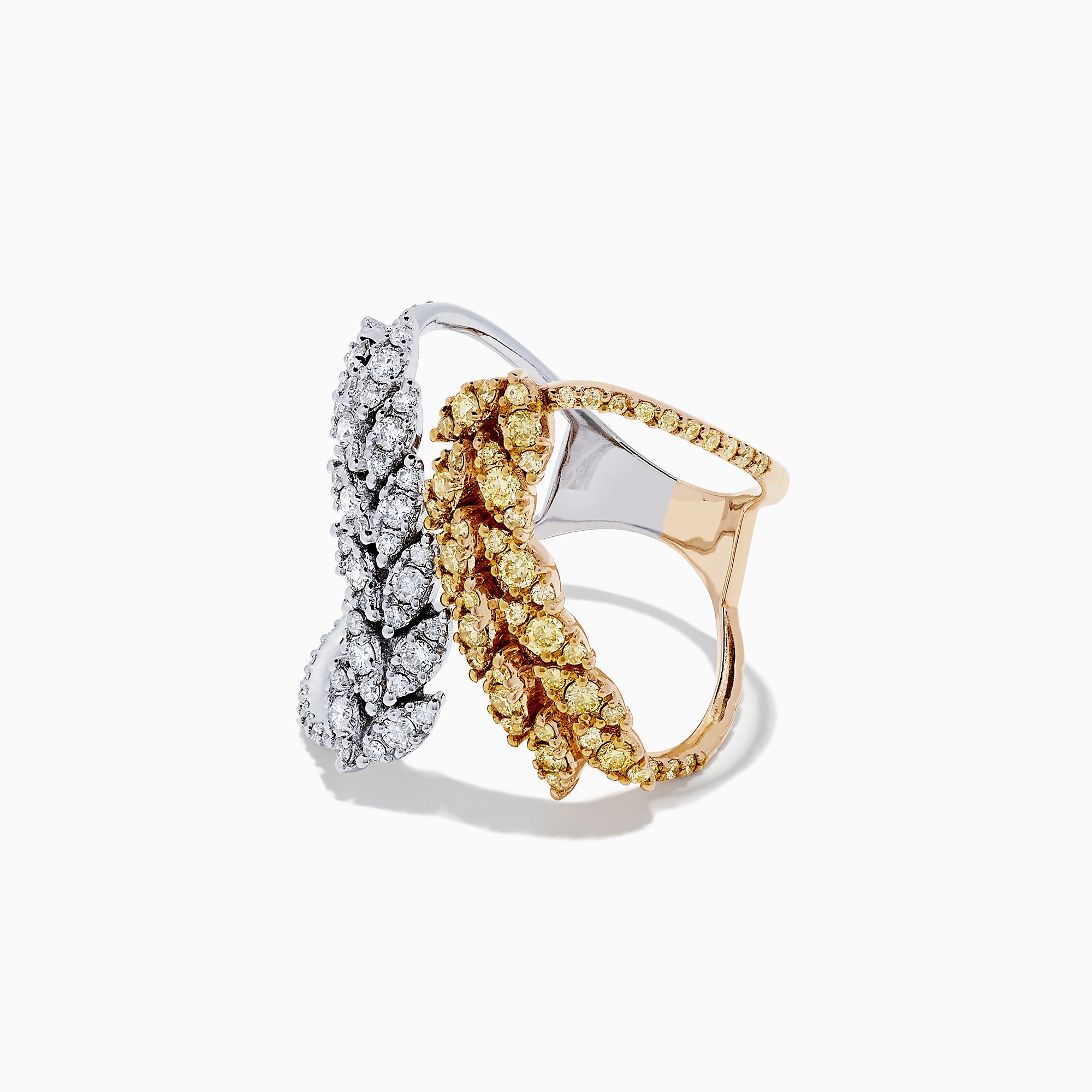 The 14K Two Tone Gold Yellow Diamond and White Diamond Ring, 1.00 TCW, features two intertwined leaf designs—one in white gold with white diamonds, the other in yellow gold with yellow diamonds—on a white backdrop.