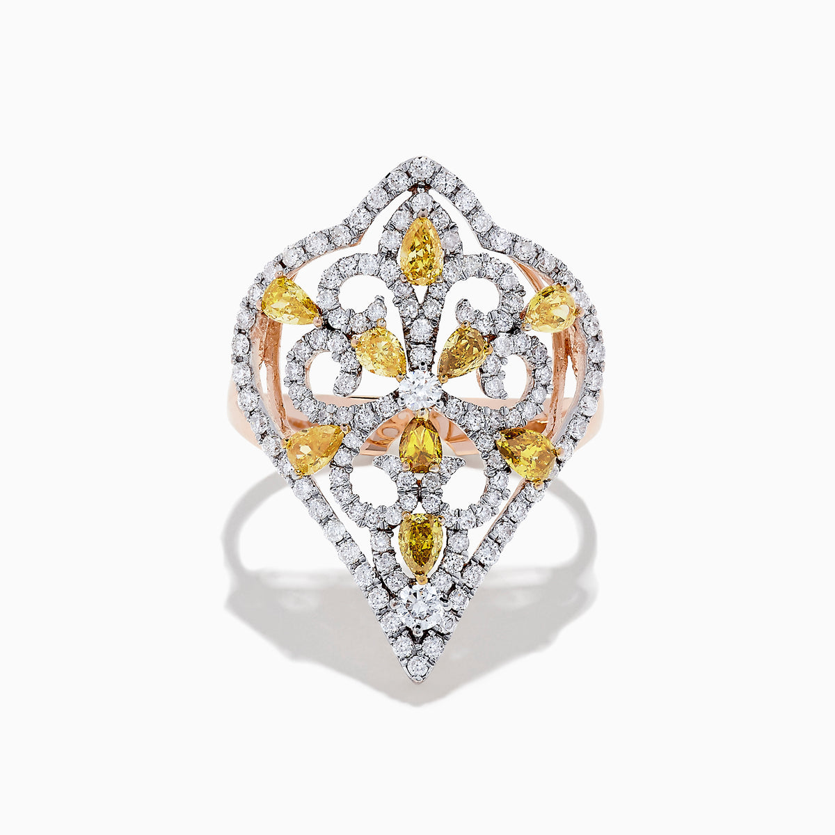 The 14K Rose Gold Yellow and White Diamond Filagree Ring, 1.55 TCW, showcases a large pointed design with yellow teardrop gemstones and white diamonds set in ornate patterns on a filigree band.