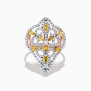 The 14K Rose Gold Yellow and White Diamond Filagree Ring, 1.55 TCW, showcases a large pointed design with yellow teardrop gemstones and white diamonds set in ornate patterns on a filigree band.